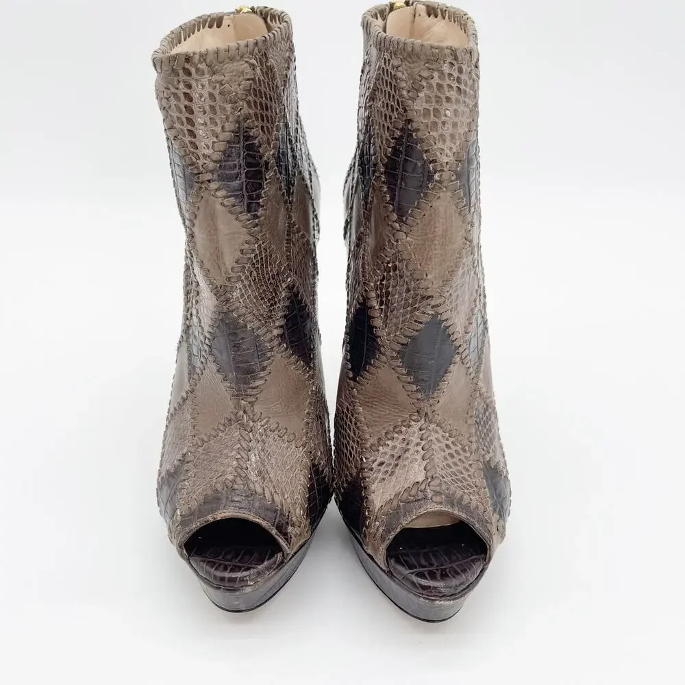 Prada Taupe Brown Mixed Croc Snakeskin Embossed Patchwork Peep Toe Booties IT 38